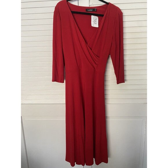 Ralph Lauren Womens Dress 16 Red NWOT V Neck Belt Formal Quiet Lux Wedding Guest - Picture 2 of 6
